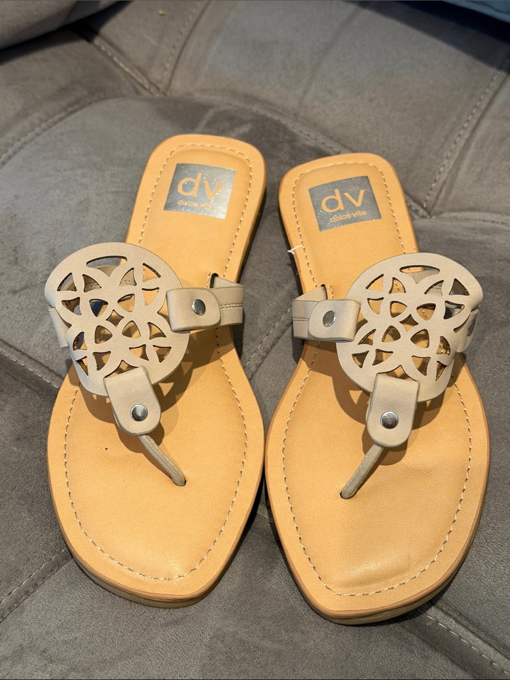 DV by Dolce Vita Neutral Beige Cutout Medallion Thong Sandals